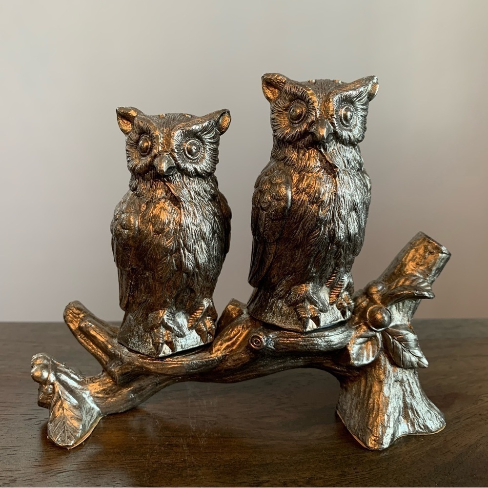 Pair Owls Branch Salt Pepper Shakers Vintage Condisco E. P. Antimony Silver Tone